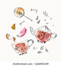 Hand drawn food and drink illustration. Ink and watercolor sketch of teapot, tea cup, honey, apple, zest, herbs. Tea room and menu background design.