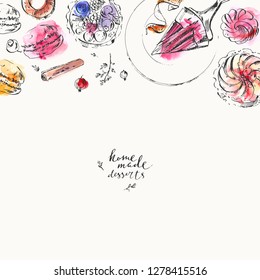 Hand drawn food and drink illustration. Ink and watercolor sketch of sweet dessert, apple tart, berry tart, rhubarb pie, marshmallow, macaroon, bagels, cinnamon. For tea room and menu background.