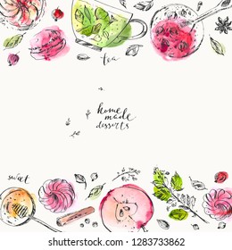 Hand drawn food and drink illustration. Ink and watercolor sketch of green tea, tea cup, honey, apple, zest, herbs, tart, marshmallow, spice. Tea room and menu background design.