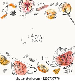 Hand drawn food and drink illustration. Ink and watercolor sketch of teapot, tea cup, honey, apple tart, spice, macaroon, orange zest, herbs. Tea room and menu background design.