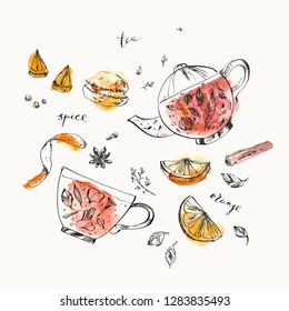 Hand drawn food and drink illustration. Ink and watercolor sketch of teapot, tea cup, orange, zest, herbs, spice, macaroon. Tea room and menu background design.