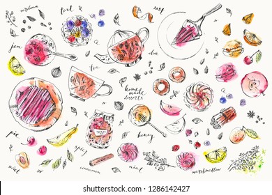 Hand drawn food and drink illustration. Ink and watercolor sketch of teapot, tea cup, cake, tart, pie, jam, marshmallow, macaroon, honey, spice. Tea room and menu background design.