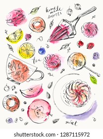 Hand drawn food and drink illustration. Ink and watercolor sketch of honey, apple tart, zest, berries, rhubarb tart, marshmallow, macaroon, bagels. For tea room and menu background design.