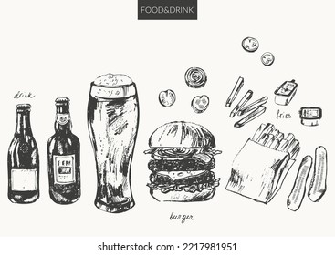 Hand drawn food and drink ink sketch set. Beer bottles, beer glass, burger, fries.