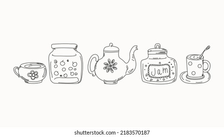 Hand drawn food and drink set. Vector elements in doodle style. Drawings Dishes, tea, sweets. Tea ceremony. Sketch of jam and compote. illustration Cup of tea. 