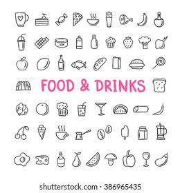 Hand drawn food and drinks doodle icons. Vector vegetables, fruit, meat, dairy products