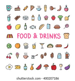 Hand drawn food and drinks doodle icons. Vector vegetables, fruit, meat, dairy products