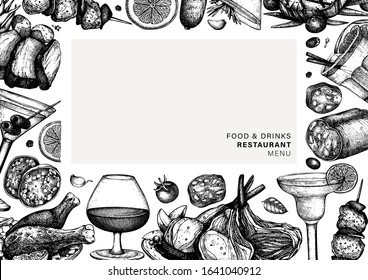 Hand drawn food and drinks frame design. Vector meat dishes and alcoholic cocktails illustration. Restaurant meat dishes menu template with chicken, salami, pork, sausage, steak and cocktail sketches.