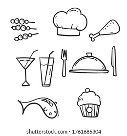 hand drawn Food and drinks icon. Restaurant line icons set. Vector illustration.doodle