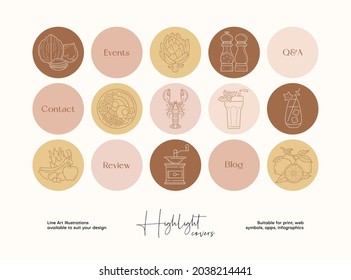 Hand drawn food and drinks illustration set for social media highlight covers, brand identity, logo design