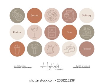 Hand drawn food and drinks illustration set for social media highlight covers, brand identity, logo design