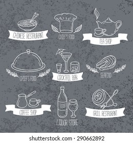 Hand drawn food and drinks labels for menu or cafe design. Doodle restaurant emblems on grunge background. Vector illustration