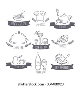 Hand drawn food and drinks labels templates for menu or cafe design. Doodle restaurant logos. Vector illustration