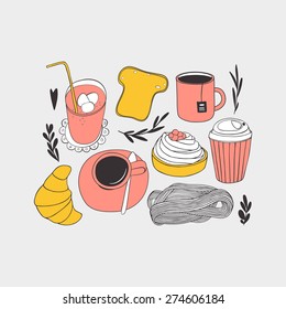 Hand drawn food and drinks. Vector illustrated set for kitchen and cafe