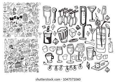 Hand drawn food elements. Set for menu decoration. Cartoon. Simple stylized forms. Black and white.