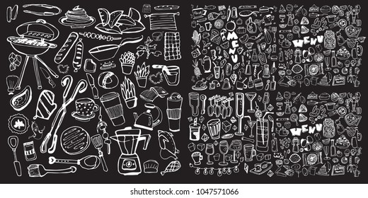 Hand drawn food elements. Set for menu decoration. Cartoon. Simple stylized forms. Black and white.