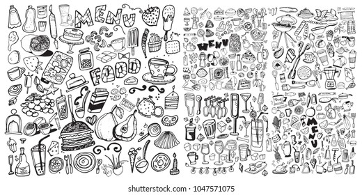 Hand drawn food elements. Set for menu decoration. Cartoon. Simple stylized forms. Black and white.