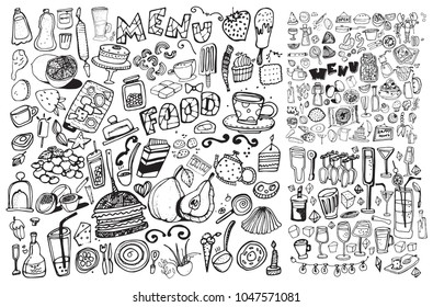 Hand drawn food elements. Set for menu decoration. Cartoon. Simple stylized forms. Black and white.