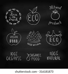 Hand drawn food elements set. Logos with doodle catchwords. Farm fresh, eco, natural, organic, vegan food. Chalk illustration.