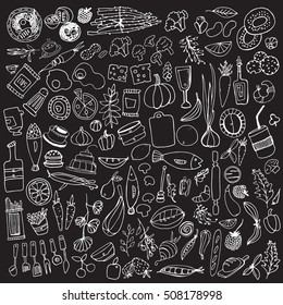 Elementos alimentarios dibujados a mano. La decoración del menú. Caricatura. Formas simples. Negro y blanco