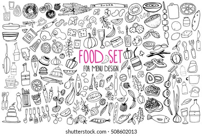 Hand drawn food elements. Set for menu decoration. Cartoon. Simple stylized forms. Black and white