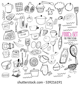 Hand drawn food elements. Set for menu decoration. Cartoon. Simple forms. Black and white