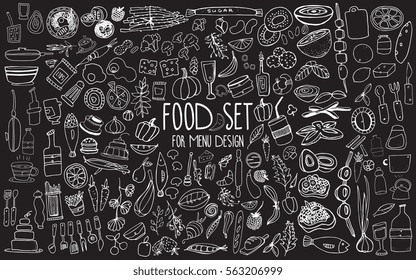 Hand drawn food elements. Set for menu decoration. Cartoon. Simple stylized forms. Black and white. food. food.food.for menu decoration. for menu decoration.