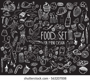 Hand drawn food elements. Set for menu decoration. Cartoon. Simple stylized forms. Black and white