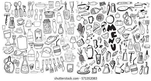 Hand drawn food elements. Set for menu decoration. Cartoon. Simple stylized forms. Black and white