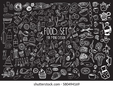 Hand drawn food elements. Set for menu decoration. Cartoon. Simple stylized forms. Black and white
