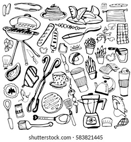 Hand drawn food elements. Set for menu decoration. Cartoon. Simple stylized forms. Black and white.