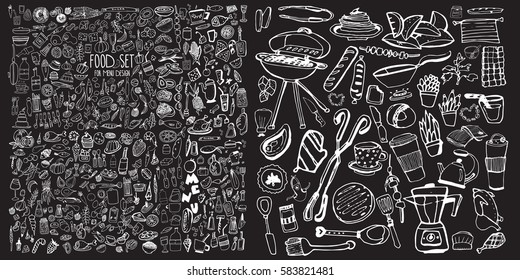 Hand drawn food elements. Set for menu decoration. Cartoon. Simple stylized forms. Black and white.