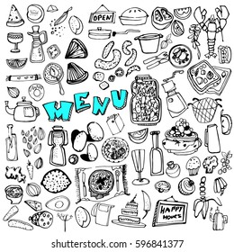 Hand drawn food elements. Set for menu decoration. Cartoon. Simple stylized forms.. food. food.food. for menu decoration. for menu decoration.for menu decoration.
