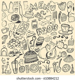 Hand drawn food elements. Set for menu decoration. Cartoon. Simple stylized forms. Black and white. food. food.food.for menu decoration. for menu decoration.