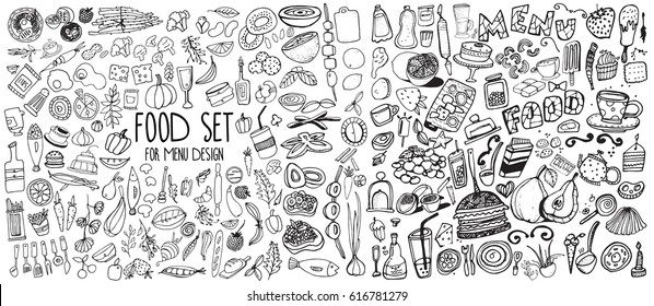 Elementos alimentarios dibujados a mano. La decoración de los menús. Caricatura. Formas simples estilizadas. Blanco y negro. comida. para la decoración del menú.  comida.comida.decoración de menús. para la decoración del menú.