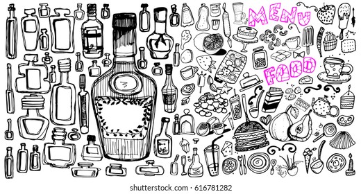 Hand drawn food elements. Set for menu decoration. Cartoon. Simple stylized forms. Black and white. food. for menu decoration. food.food.for menu decoration. for menu decoration.