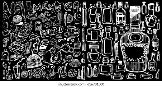 Hand drawn food elements. Set for menu decoration. Cartoon. Simple stylized forms. Black and white. food. for menu decoration. food.food.for menu decoration. for menu decoration.
