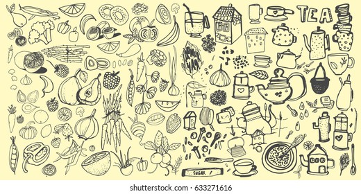 Hand drawn food elements. Set for menu decoration. Cartoon. Simple stylized forms. Black and white. food. food.food.for menu decoration. for menu decoration.