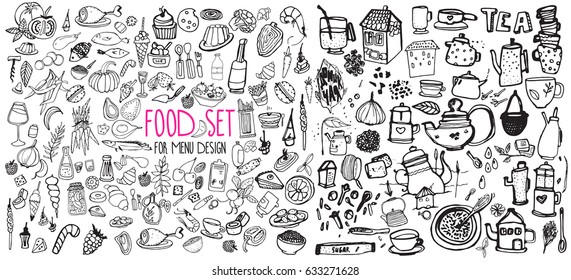 Hand drawn food elements. Set for menu decoration. Cartoon. Simple stylized forms. Black and white. food. food.food.for menu decoration. for menu decoration.