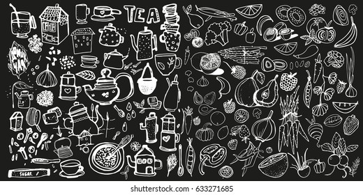 Hand drawn food elements. Set for menu decoration. Cartoon. Simple stylized forms. Black and white