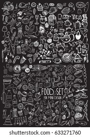 Hand drawn food elements. Set for menu decoration. Cartoon. Simple stylized forms. Black and white