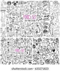 Hand drawn food elements. Set for menu decoration. Cartoon. Simple stylized forms. Black and white. food. food.food.for menu decoration. for menu decoration.