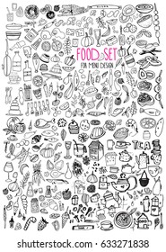 Hand drawn food elements. Set for menu decoration. Cartoon. Simple stylized forms. Black and white
