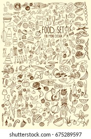 Hand drawn food elements. Set for menu decoration. Cartoon. Simple stylized forms. Black and white. food. food.food.for menu decoration. for menu decoration.
