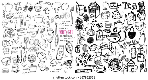Hand drawn food elements. Set for menu decoration. Cartoon. Simple stylized forms. Black and white