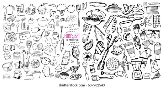 Hand drawn food elements. Set for menu decoration. Cartoon. Simple stylized forms. Black and white