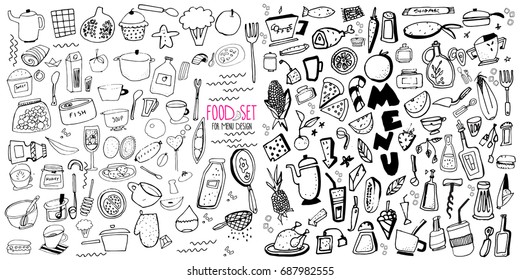 Hand drawn food elements. Set for menu decoration. Cartoon. Simple stylized forms. Black and white
