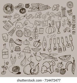 Hand drawn food elements. Set for menu decoration. Cartoon. Simple stylized forms. Black and white