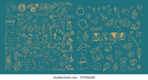 Hand drawn food elements. Set for menu decoration. Cartoon. Simple stylized forms. Black and white.