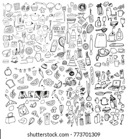 Hand drawn food elements. Set for menu decoration. Cartoon. Simple stylized forms. Black and white.